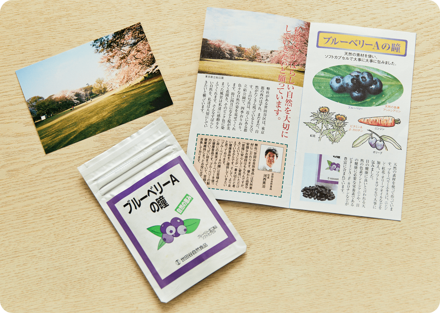 世田谷自然食品「ブルーベリーAの瞳」商品とパンフレットの写真