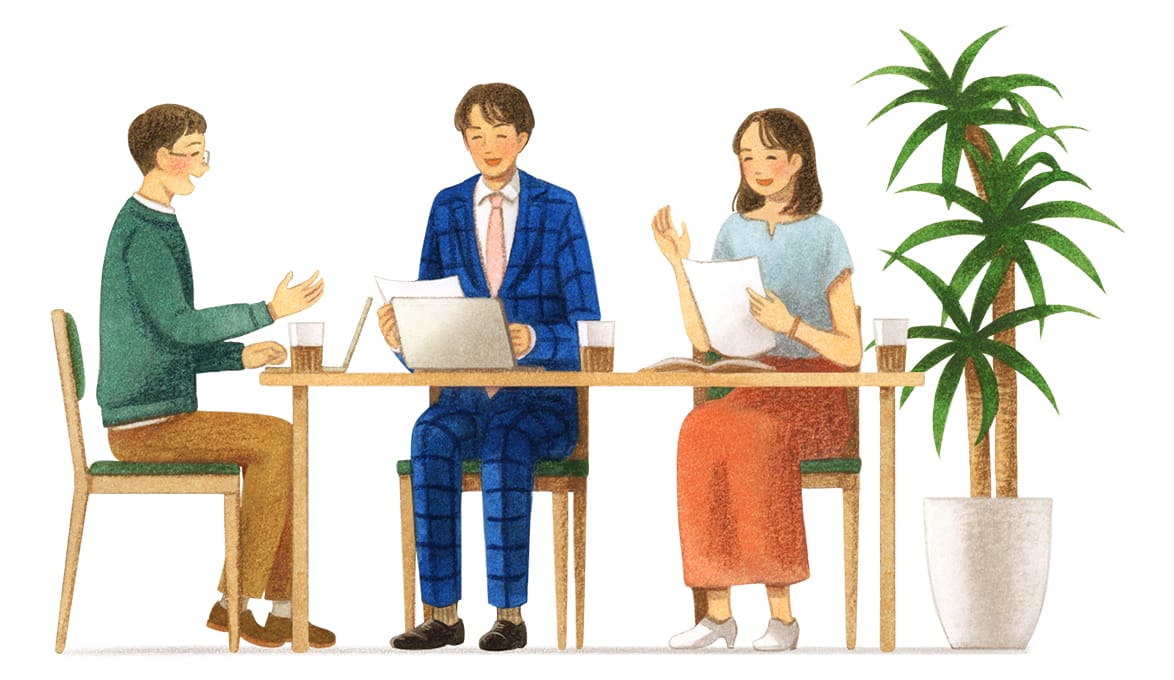 社員3人がミーティングをしているイメージのイラスト