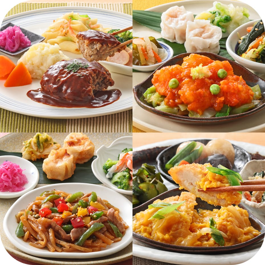 世田谷自然食品の温彩特選便 彩り御膳。ハンバーグ、中華料理、カツ丼